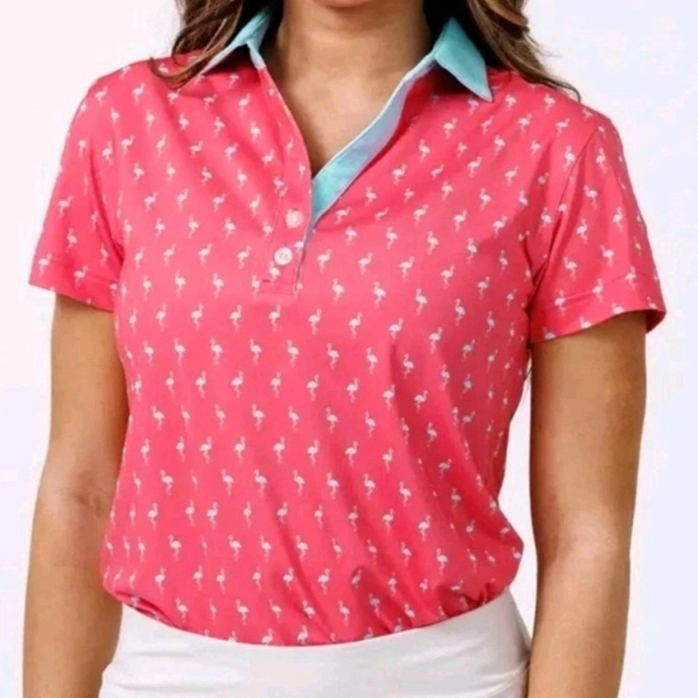 Waggle Many Mingos Golf Polo Shirt  Preppy | pink flamingo ⛳️🦩 S